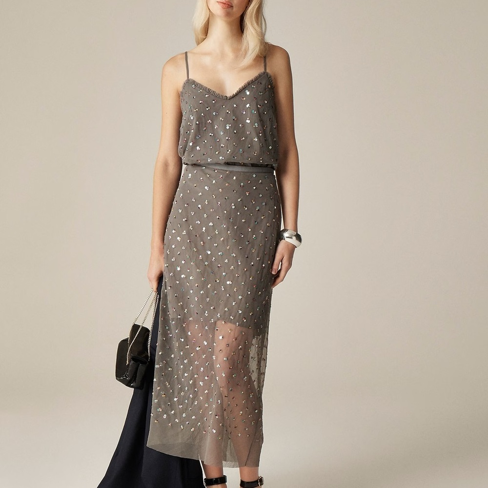 Collection new Gwyneth layered slip skirt in sequin mesh in Grey Multi